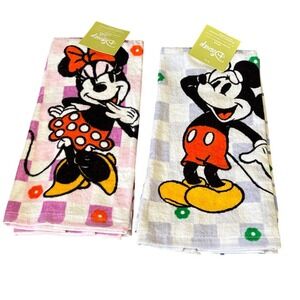 Disney Mickey & Minnie Mouse Spring Kitchen Hand Towels Checkered NEW